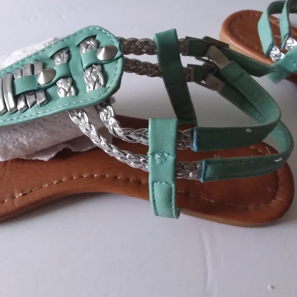 Aqua,Silver Slingback Sandals,Braided Double Silver/Aqua Straps/Buckles - Picture 5 of 10